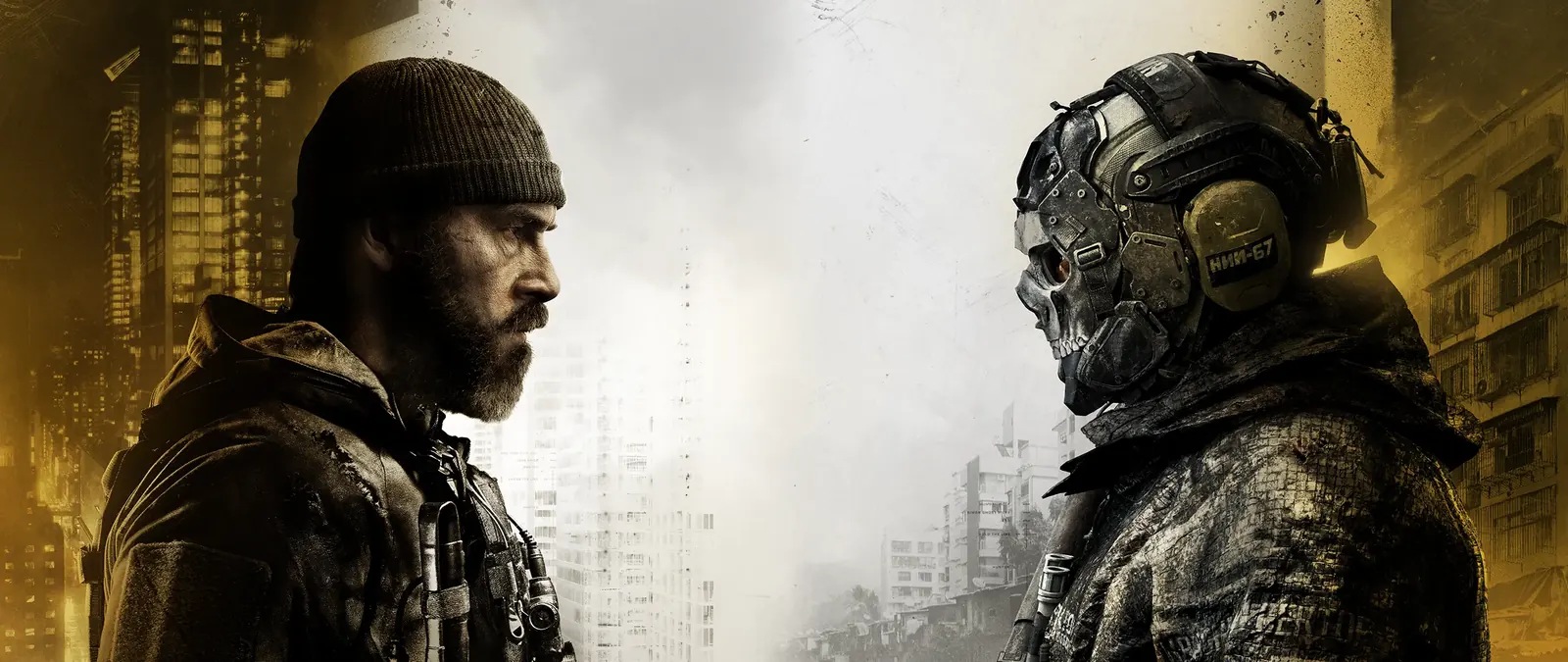 Captain Price and Ghost in profile against pale fog