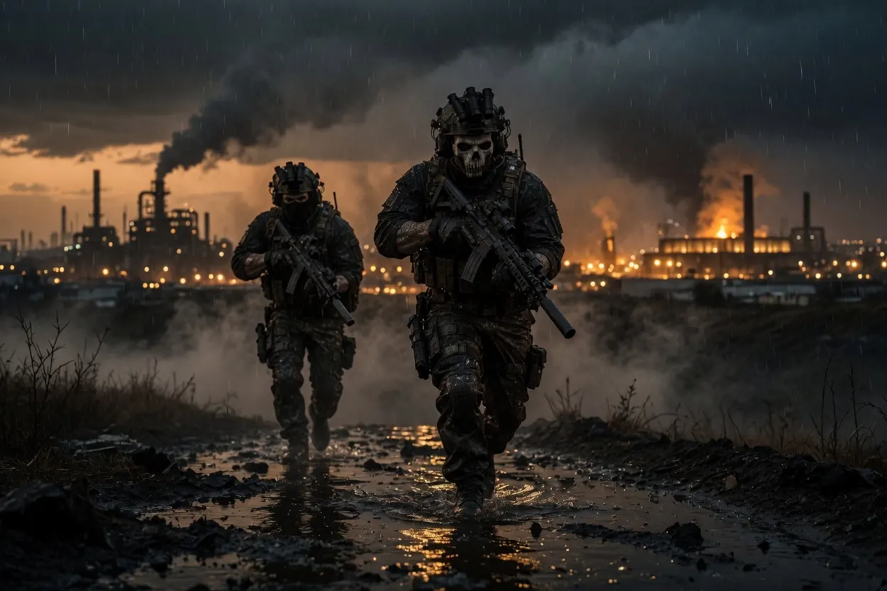 Operators moving across a wet exclusion-zone ridge at dusk