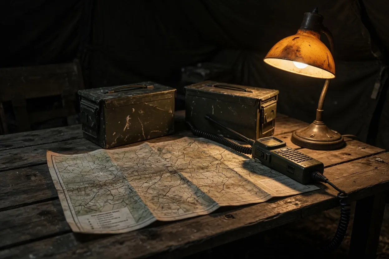 A forward operating base table with maps, radios and ammo cans
