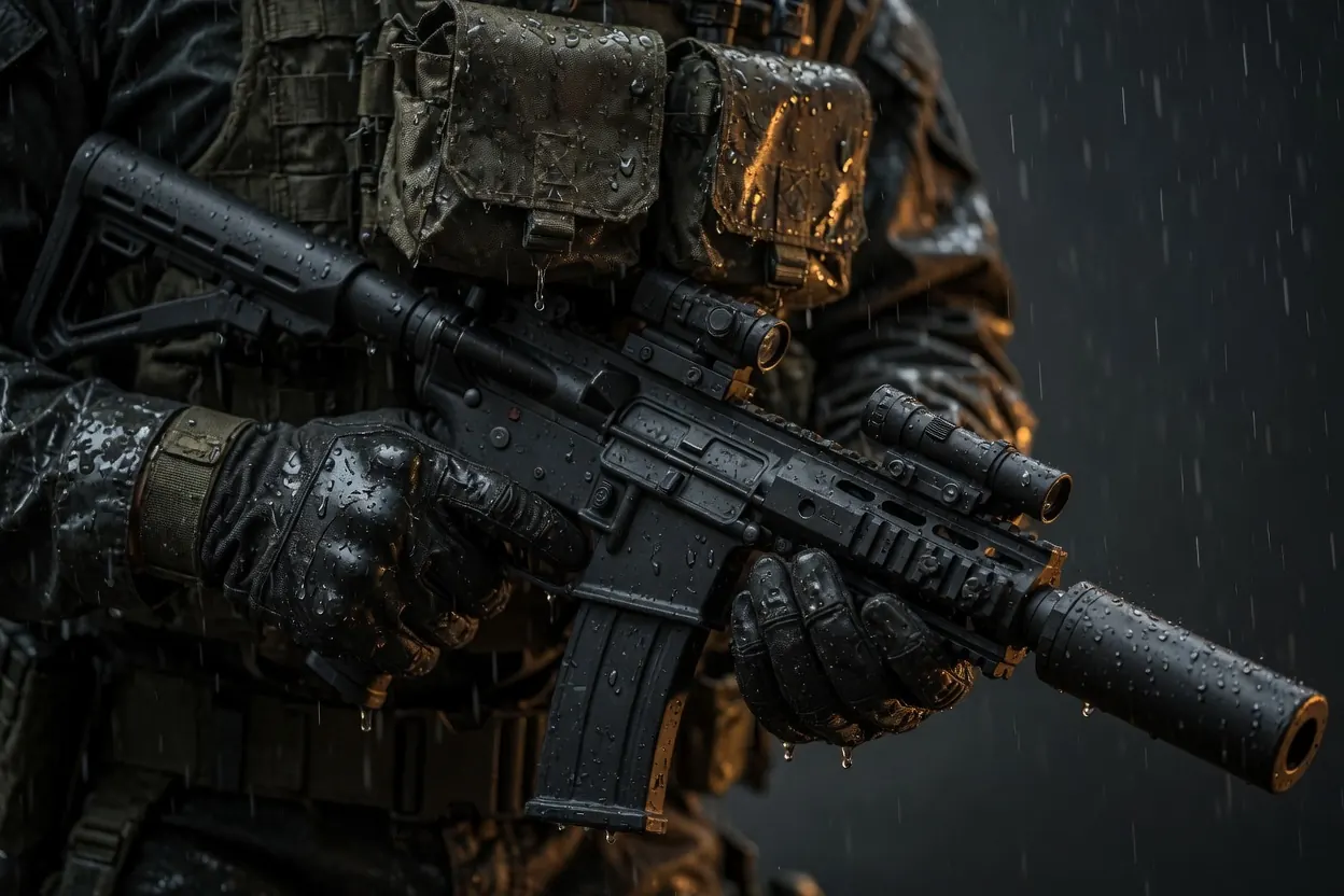 Close view of a modern rifle and plate carrier in low light